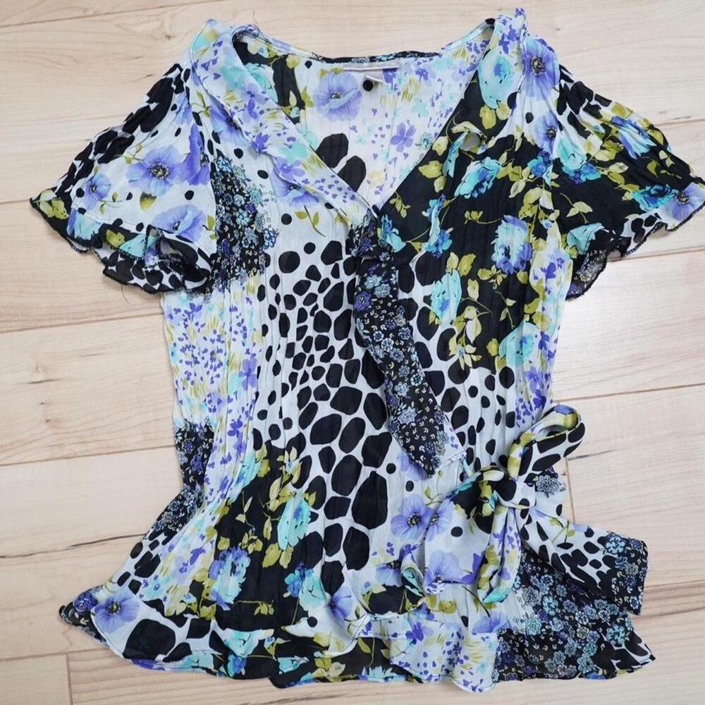Dressbarn Blue Floral Mixed Print Tie-Front Blouse Y2K Eclectic M